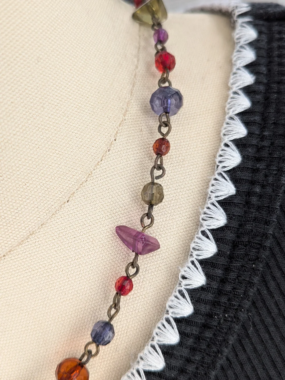 Vintage Antique Brass Multicolor Jewel Tone Glass Bead Wire Link Choker 16